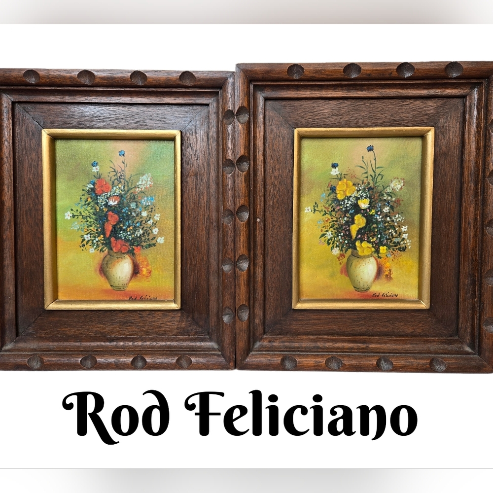 Rod Feliciano Original Oil Painting's In Rustic Wooden Frames Vintage Flowers